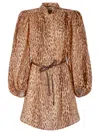 Zimmermann Cascadian Beige Tunic Dress With Stand-up Collar And All-over Leopard Print In Linen Woman In Brown