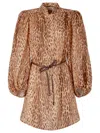 Zimmermann Cascadian Beige Tunic Dress With Stand-up Collar And All-over Leopard Print In Linen Woman In Brown