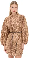 Zimmermann Cascadian Beige Tunic Dress With Stand-up Collar And All-over Leopard Print In Linen Woman