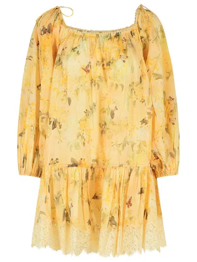 ZIMMERMANN ZIMMERMANN 'CASCADIAN' YELLOW COTTON MINI DRESS 'BOTANICAL FLORA'