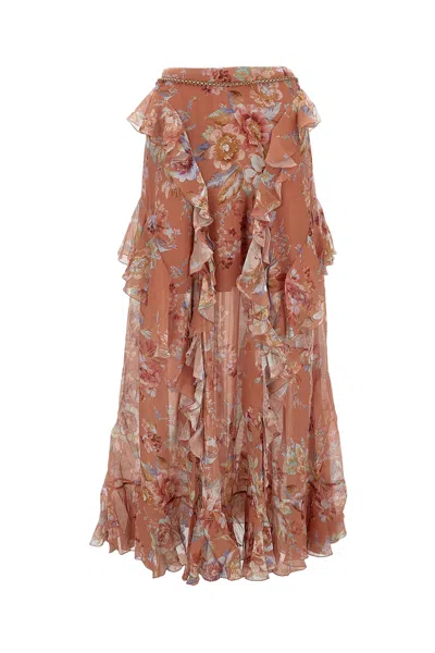 Zimmermann Cascading Ruffle Brown Maxi Skirt In Multi