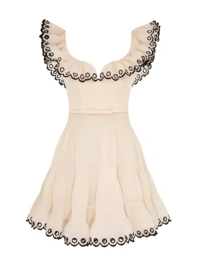 Zimmermann Charming Ruffle Mini Dress With Sweetheart V-neck In Neutral