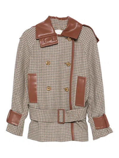 Zimmermann Checked Belted Leather-trimmed Jacket In Neutral