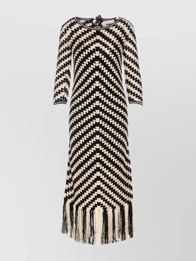 ZIMMERMANN CHEVRON CROCHET KNIT FRINGE HEM DRESS