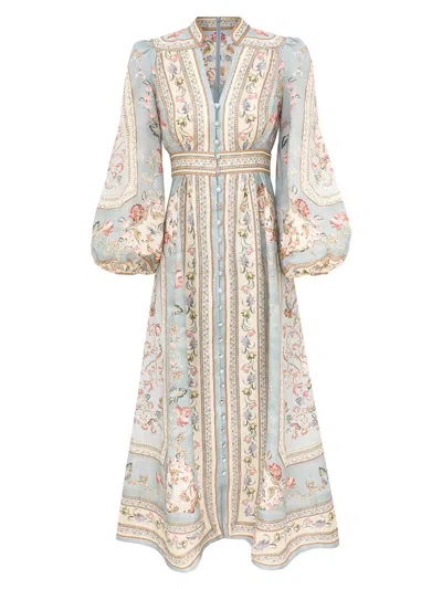 Zimmermann Chic V-neck Mini Dress With Stand Collar And Stone Buttons In Azzurro