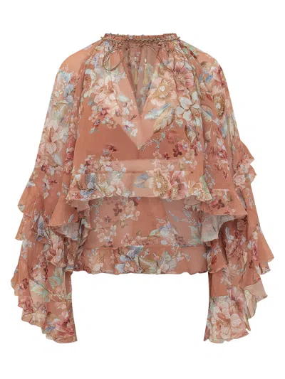 Zimmermann Chiffon Floral Blouse With Ruffles In Multi