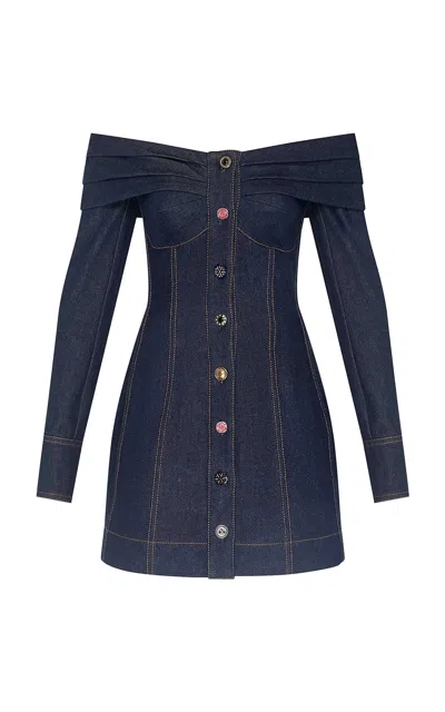 Zimmermann Clash Cotton-blend Denim Boatneck Dress In Blue