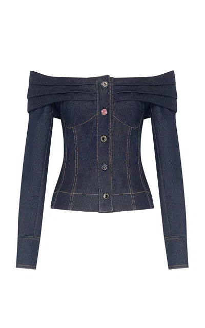 Zimmermann Clash Denim Cotton-blend Boatneck Top In Blue