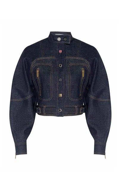 Zimmermann Clash Denim Cotton-blend Cropped Jacket In Blue