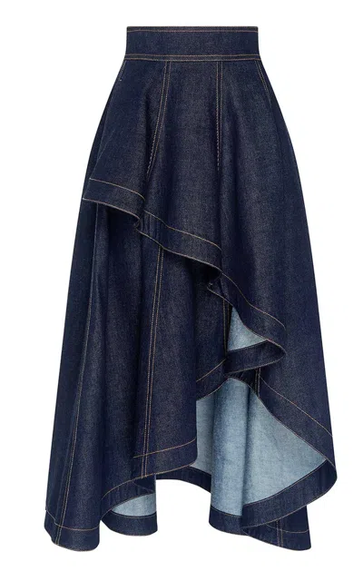 Zimmermann Clash Denim Cotton-blend Peplum Midi Skirt In Blue