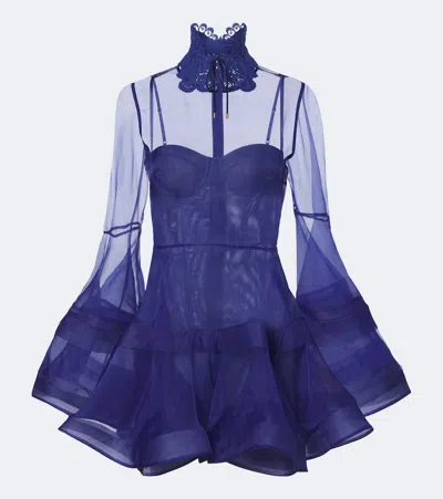 Zimmermann Clash Lantern Silk Organza Minidress In Blue