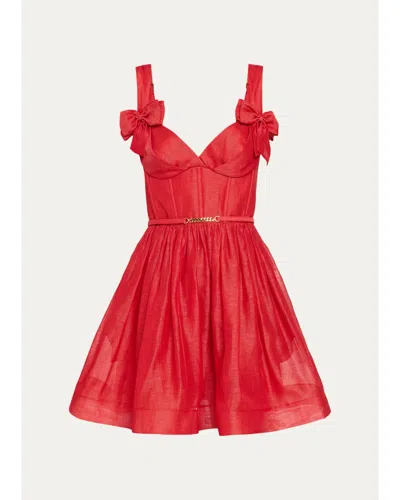 Zimmermann Clash Belted Bow-detailed Linen And Silk-blend Mini Dress In Red
