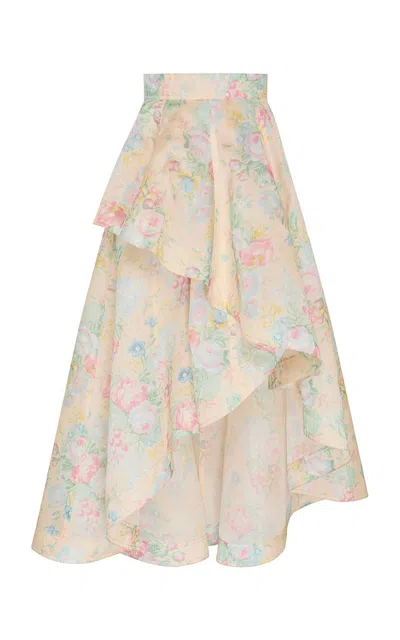 Zimmermann Clash Silk Floral Peplum Midi Skirt In Multi
