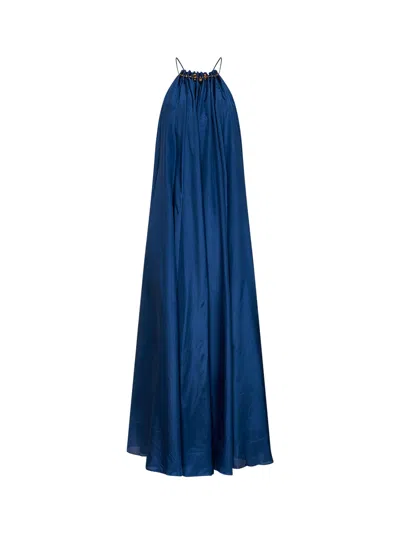 Zimmermann Cobalt Silk Aster Dark Gathered Beaded Maxi Dress In Blue