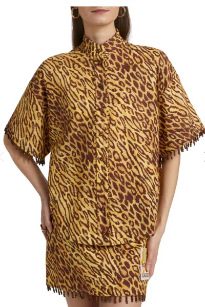Zimmermann Coco Beaded Fringe Shirt In Leopard In Brown