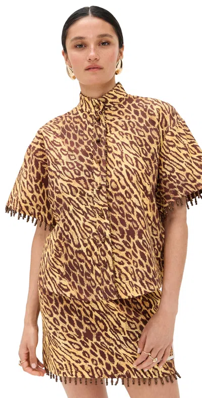 ZIMMERMANN COCO BEADED FRINGE SHIRT LEOPARD