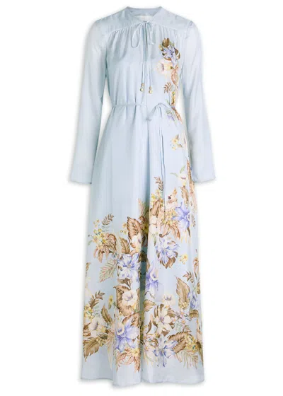 Zimmermann Coco Billow Floral-print Satin Maxi Dress In Blue