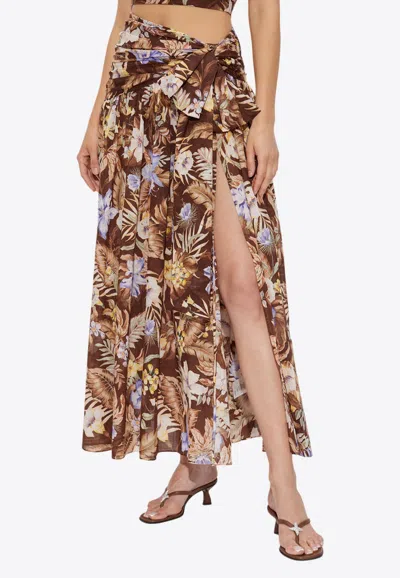 Zimmermann Coco Belted Pleated Floral-print Cotton-voile Maxi Skirt In Multi