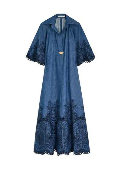Zimmermann Coco Embroidered Chambray Midi Shirt Dress