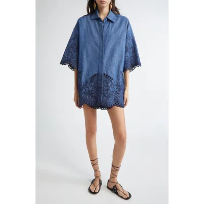 Zimmermann Denim Shirt With Floral Embroidery And Collared Neck In Blue