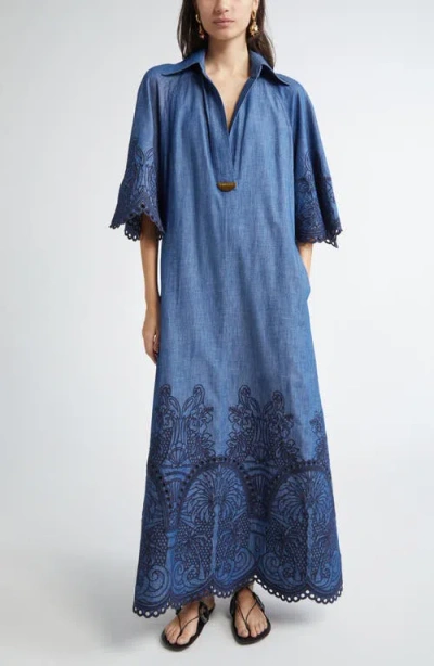 ZIMMERMANN ZIMMERMANN COCO EMBROIDERED DENIM CAFTAN DRESS