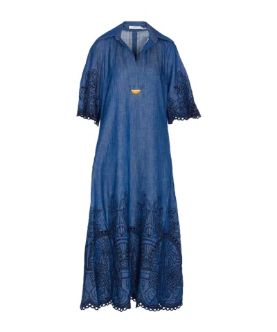 Zimmermann Coco Embroidered Denim Long Dress In Blue