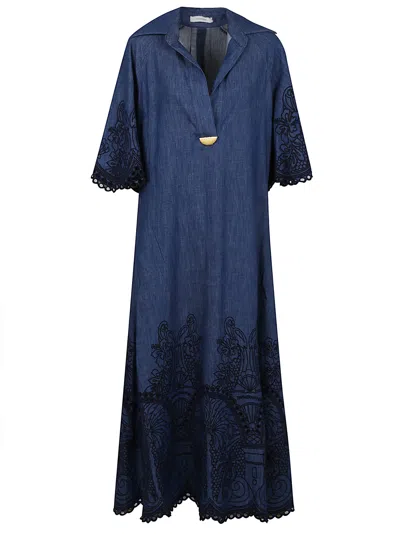 Zimmermann Coco Embroidered Denim Long Dress In Blue