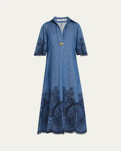 Zimmermann Coco Embroidered Denim Maxi Dress In Blue