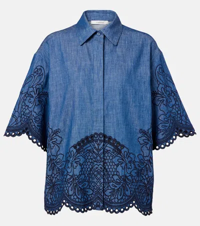 Zimmermann Denim Shirt With Floral Embroidery And Collared Neck In Blue