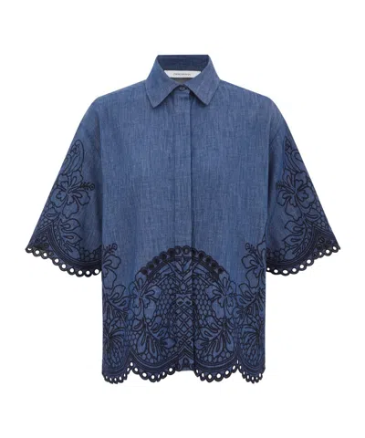 Zimmermann Denim Shirt With Floral Embroidery And Collared Neck In Blue