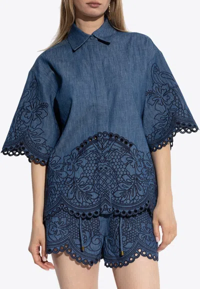 Zimmermann Coco Embroidered Denim Shirt In Blue