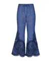 Zimmermann Coco Belted Embroidered Cotton-chambray Flared Pants In Blue