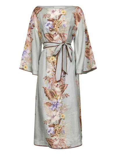 Zimmermann Coco Tunic Midi Dress In Sage Multi Floral In Gray