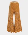 Zimmermann Coco Belted Guipure Lace Cotton Flared Pants In Brown