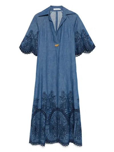 Zimmermann Coco Embellished Embroidered Denim Midi Dress