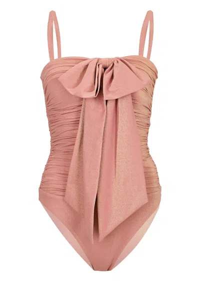 Zimmermann Coco Metallic Drape Bow One Piece Shell Pink