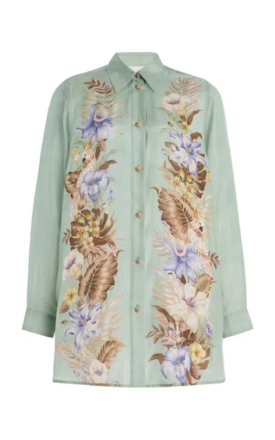 Zimmermann Floral Silk Shirt Featuring Buttoned Cuffs In Green