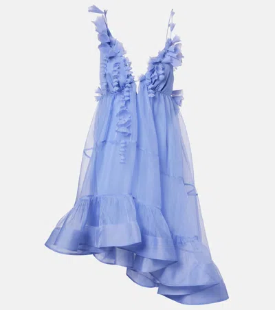 Zimmermann Como Asymmetric Floral-appliqué Silk Minidress In Blue