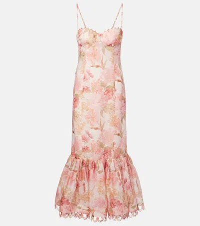 Zimmermann Como Floral Linen And Silk Midi Dress In Pink