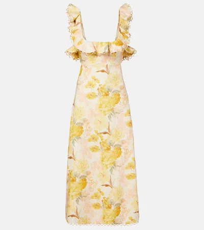 Zimmermann Como Floral Ruffled Linen Midi Dress In Yellow