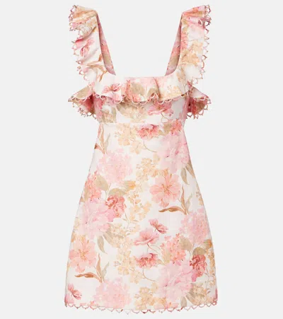 Zimmermann Como Floral Ruffled Linen Minidress In Pink