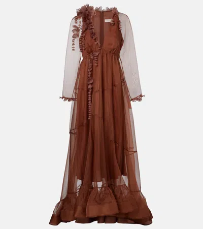 Zimmermann Como Floral-appliqué Silk Maxi Dress In Brown