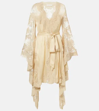 Zimmermann Como Lace-trimmed Draped Silk Midi Dress In Neutral