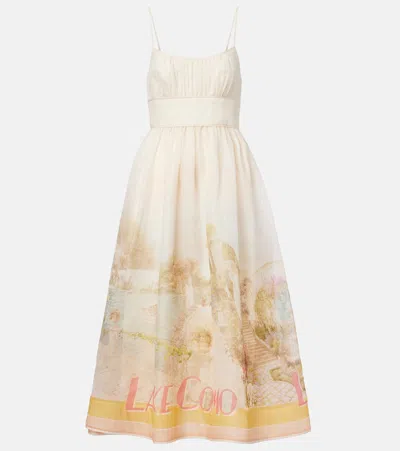Zimmermann Como Printed Linen And Silk Midi Dress In Neutral