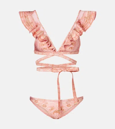 Zimmermann Como Printed Ruffled Bikini In Pink