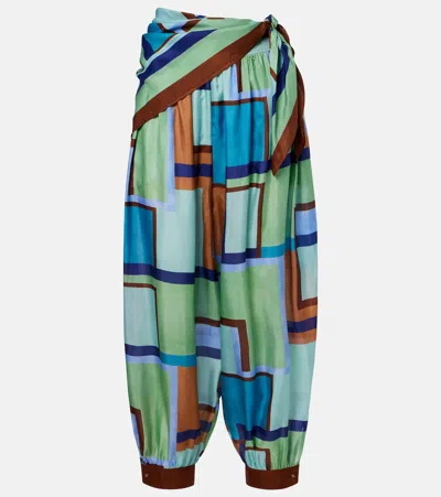 Zimmermann Como Printed Silk Satin Tapered Pants In Green