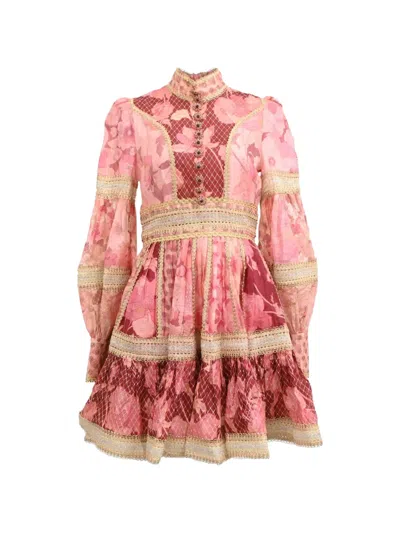Pre-owned Zimmermann Concert Embellished Floral-print Dress In Pink