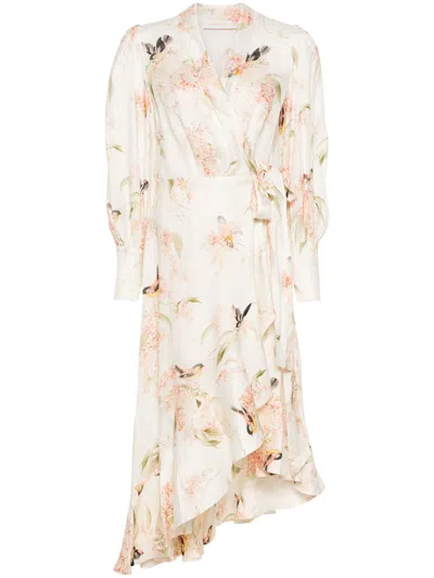 ZIMMERMANN CORAL BIRDS MIDI FLORAL DRESS