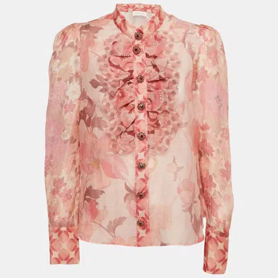 Pre-owned Zimmermann Coral Pink Floral Print Linen & Silk Ruffled Top M