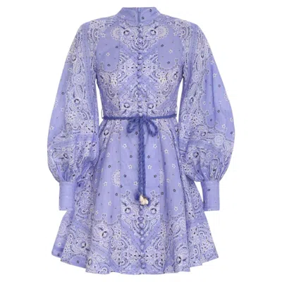 Pre-owned Zimmermann Cornflower Paisley Violet Button Up Mini Dress Size L In Purple